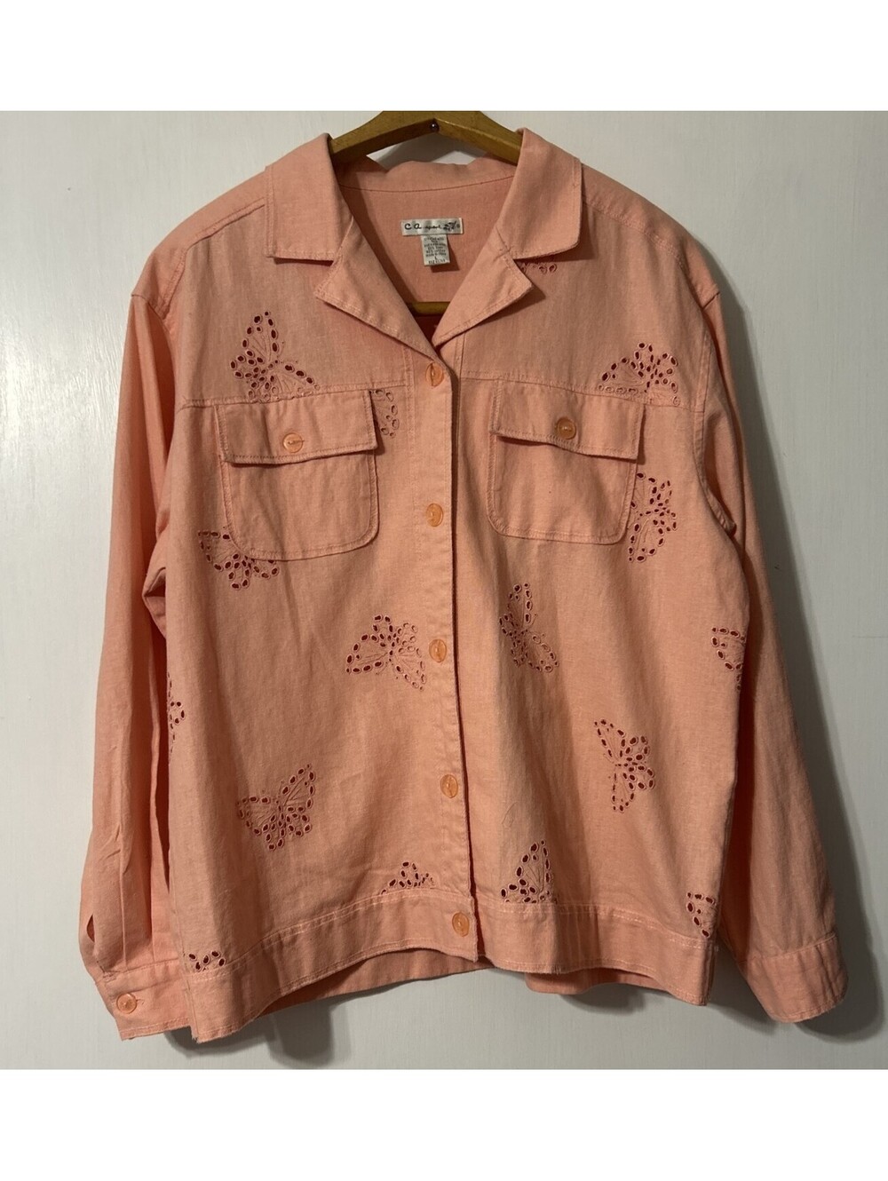 CA Sport Vtg Peach Jacket Women's L - Eyelet Butterflys, Button Up, Long Sleeve